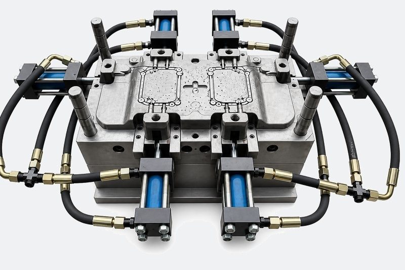 Injection mold with multiple hydraulic sliders and lifters